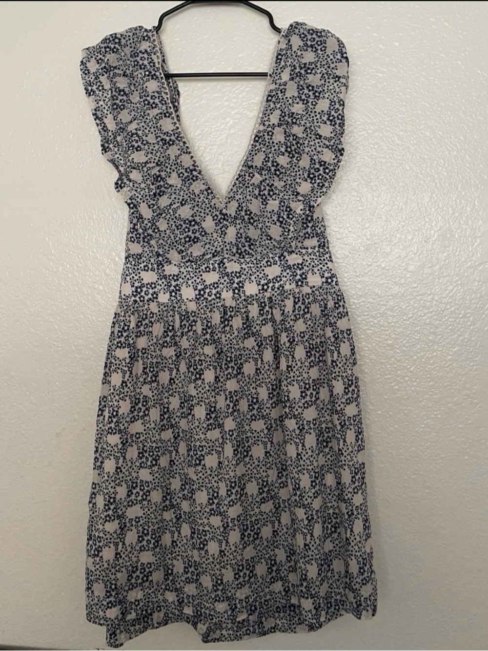 Anthropologie Navy Floral V-Neck Ruffle Dress on Cream